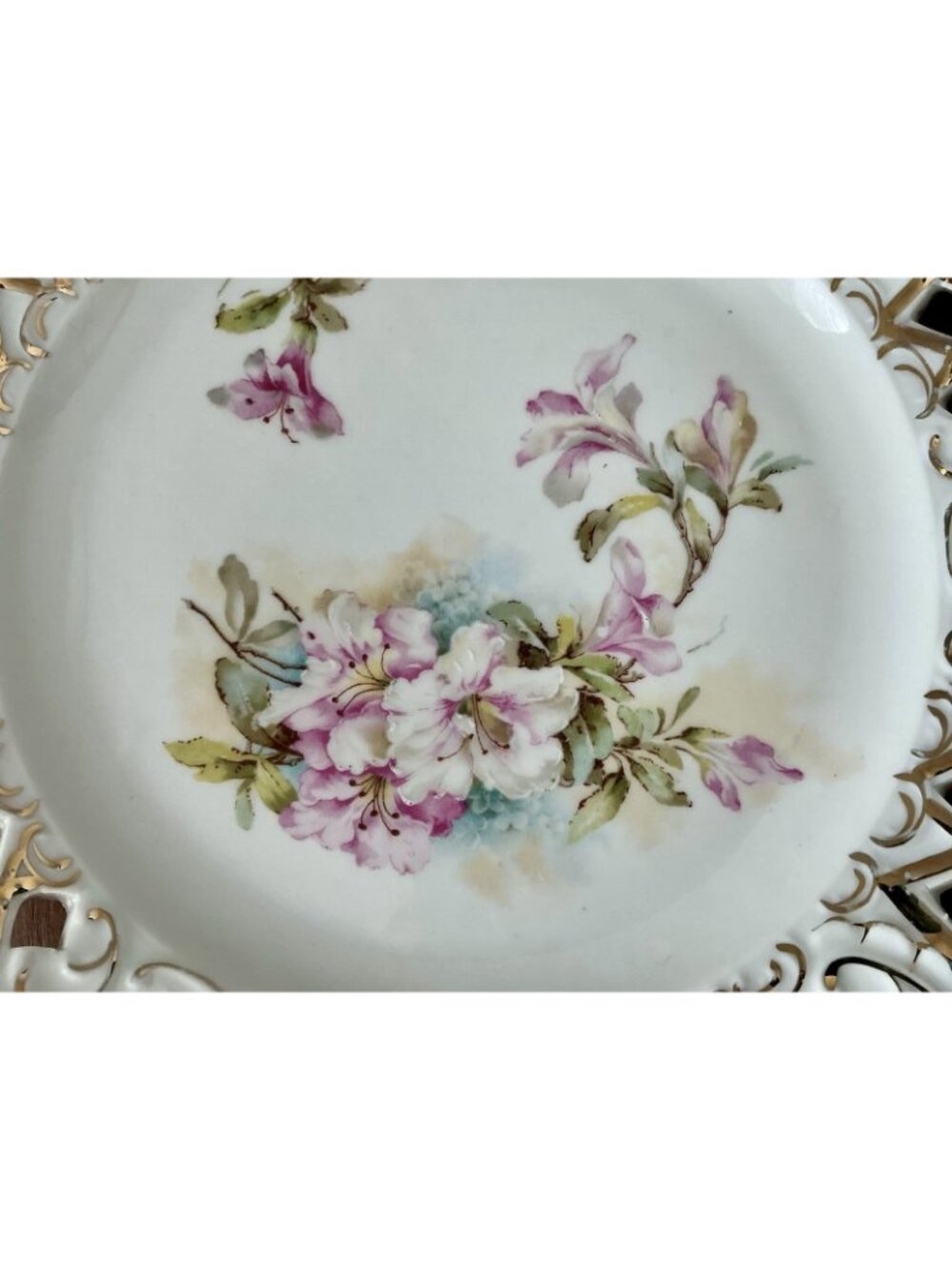 Antique Pierced Porcelain Plate Apple Blossom Floral Gold Gilt 10in - Picture 16 of 16